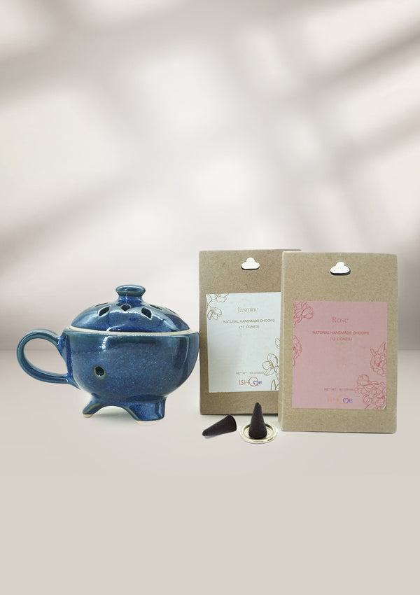 Fragrant Bliss: IshqMe's Rose and Jasmine Incense Cones with Deep Blue Stand