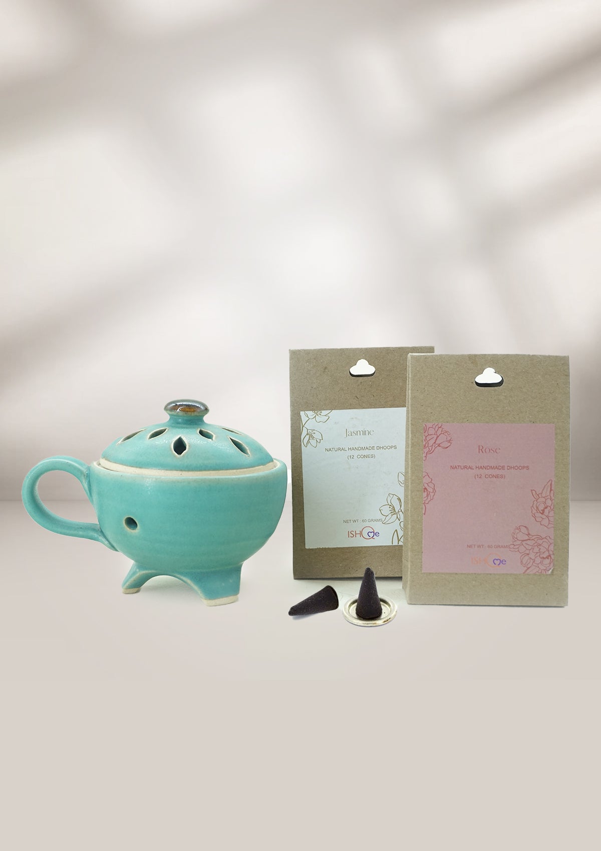 Fragrant Bliss: IshqMe's Rose and Jasmine Incense Cones with Deep Turquoise sea Stand - IshqMe