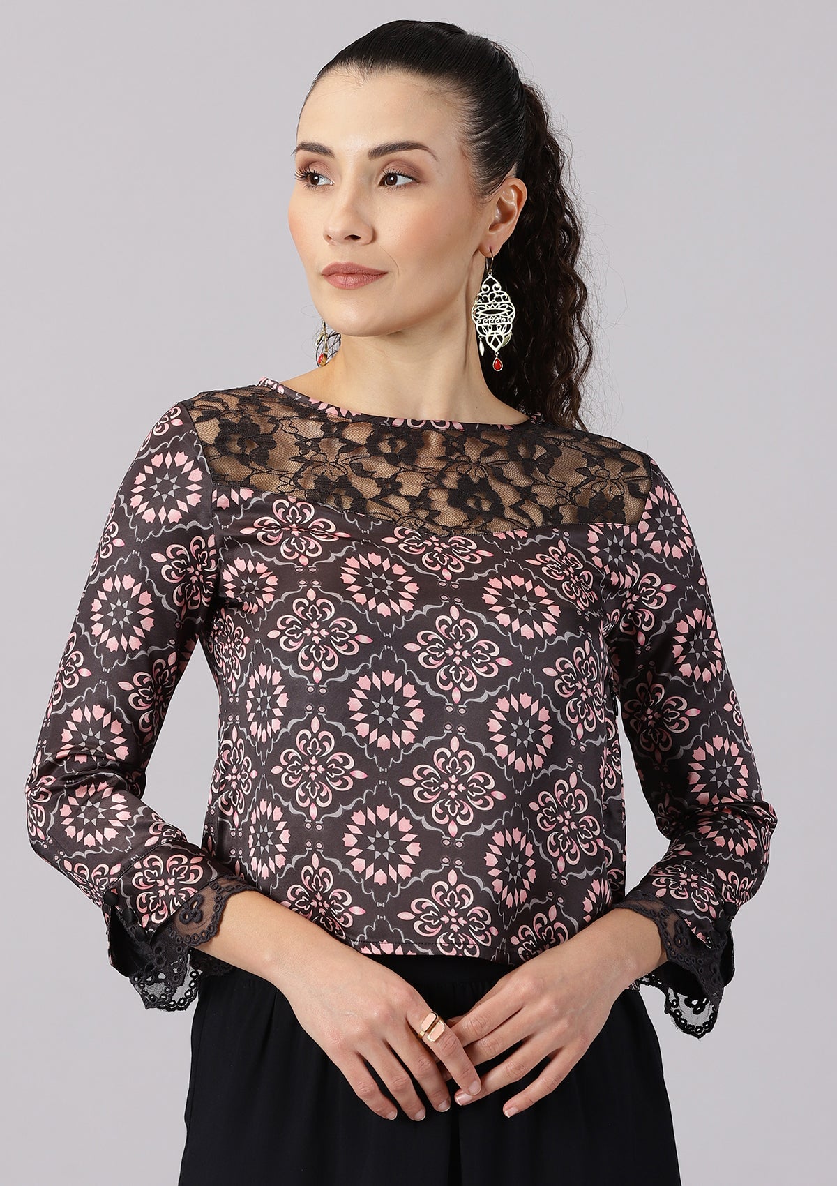Jamila - Moroccan printed Lace accent blouse - IshqMe