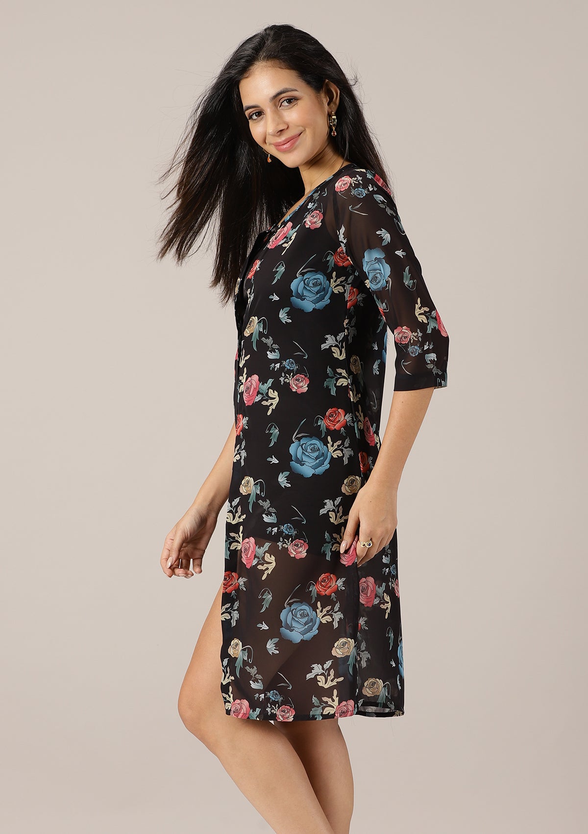 Black Rose - Floral Printed Two Piece Party Dress