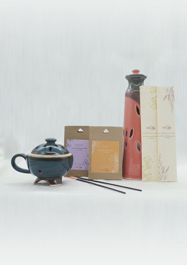 IshqME Calming Essentials Combo: Lavender & Ylang Ylang Incense Set with Parijat Cones and Dhoop Stand