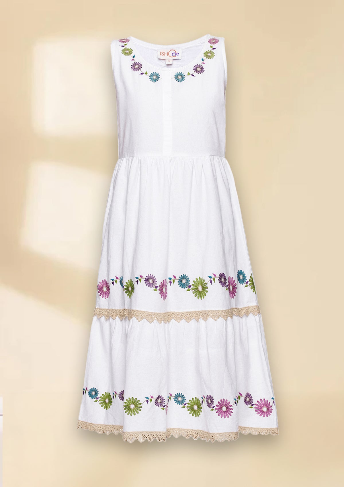 Angel Mist - Cotton Embroidered Tiered Dress - IshqMe