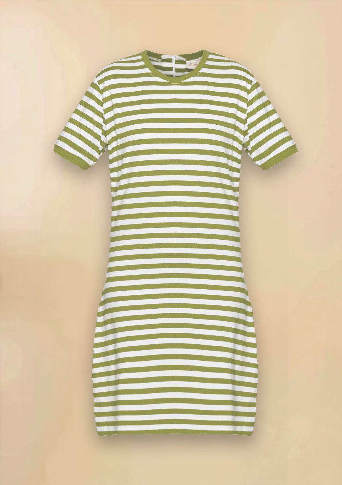 Lyra - Tan Denim Jacket with green striped T-shirt dress - IshqMe