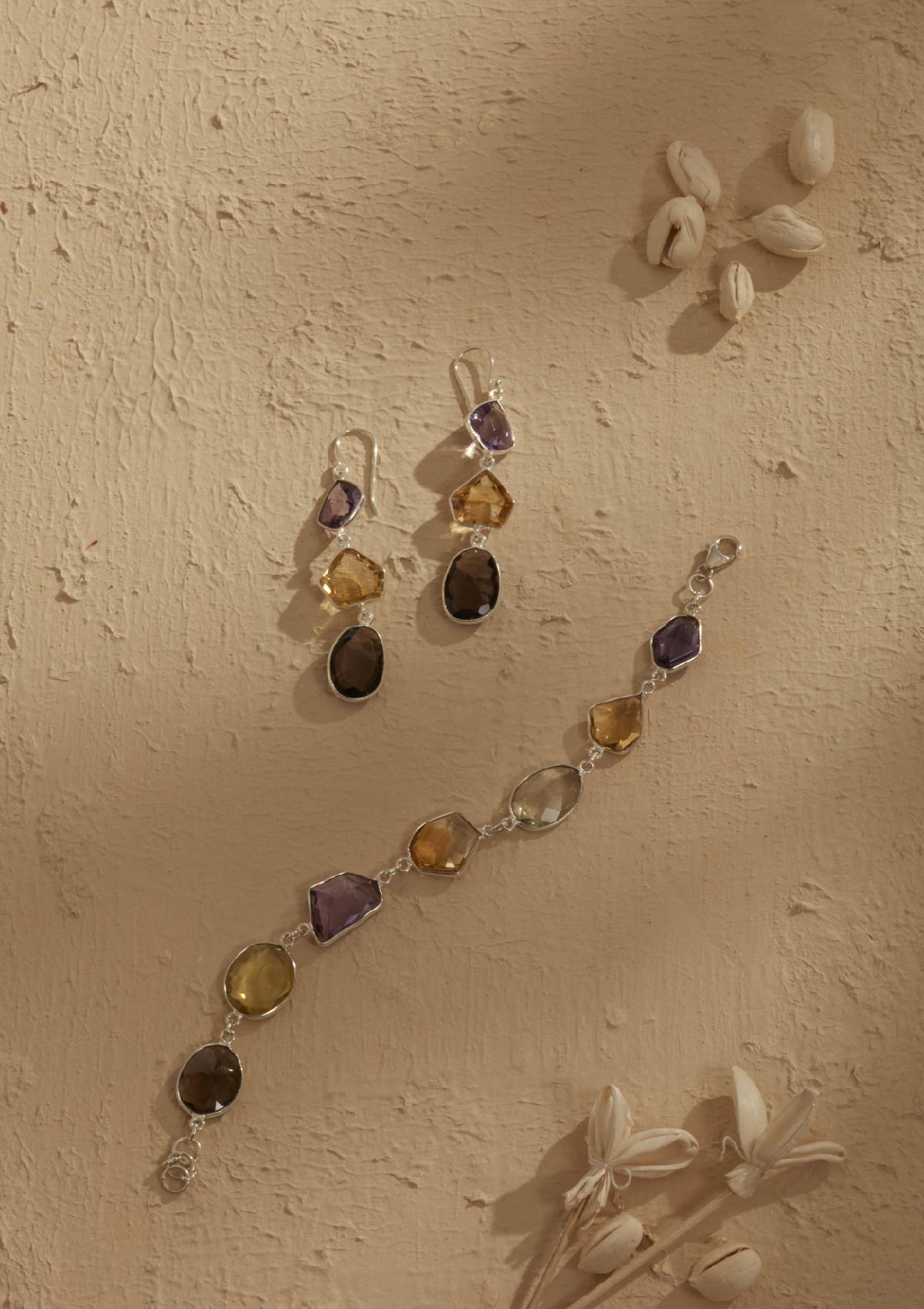 Silver Multicolour Stone Earrings - Amethyst, Citrine and Smokey Topaz