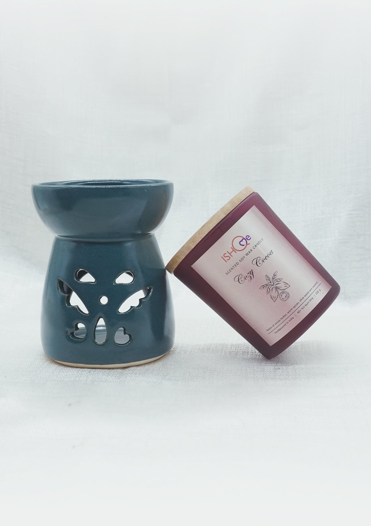 IshqME calm symphony: Twilight Blue Ceramic Diffuser & Cozy Cocoa Candle - IshqMe