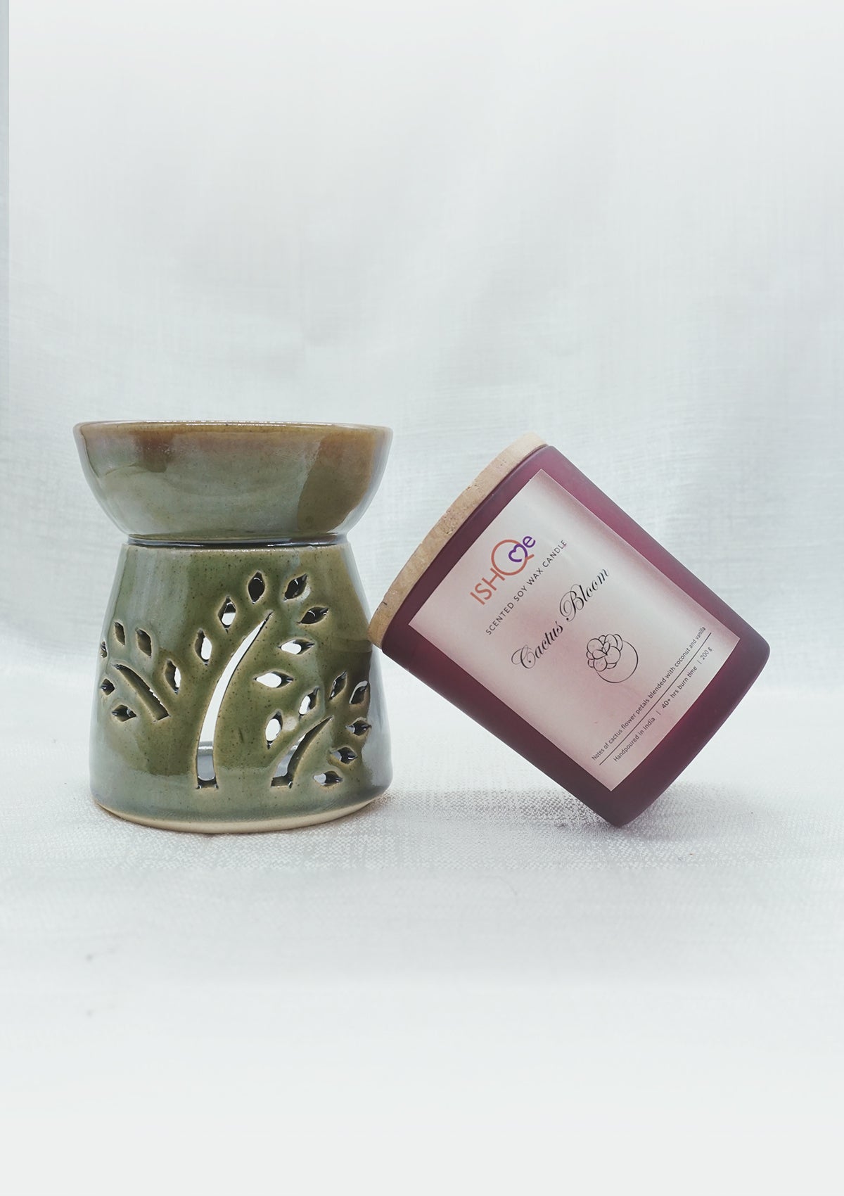 IshqME Aromatic Home Set: Olive Green Ceramic Diffuser & Cactus Bloom Candle - IshqMe