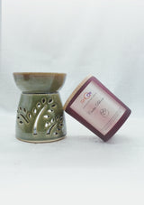 IshqME Aromatic Home Set: Olive Green Ceramic Diffuser & Cactus Bloom Candle