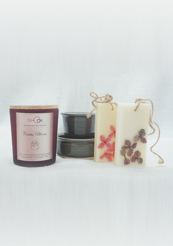 IshqME Metime Trio: Grey Filter Coffee Set, Cactus Bloom Candle & Fragrance Bars