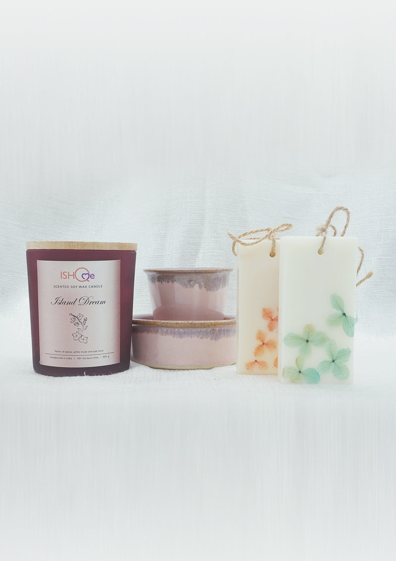 IshqME Metime Combo: Pink & Grey Filter Coffee Set with Island Dream Candle & Fragrance Bars