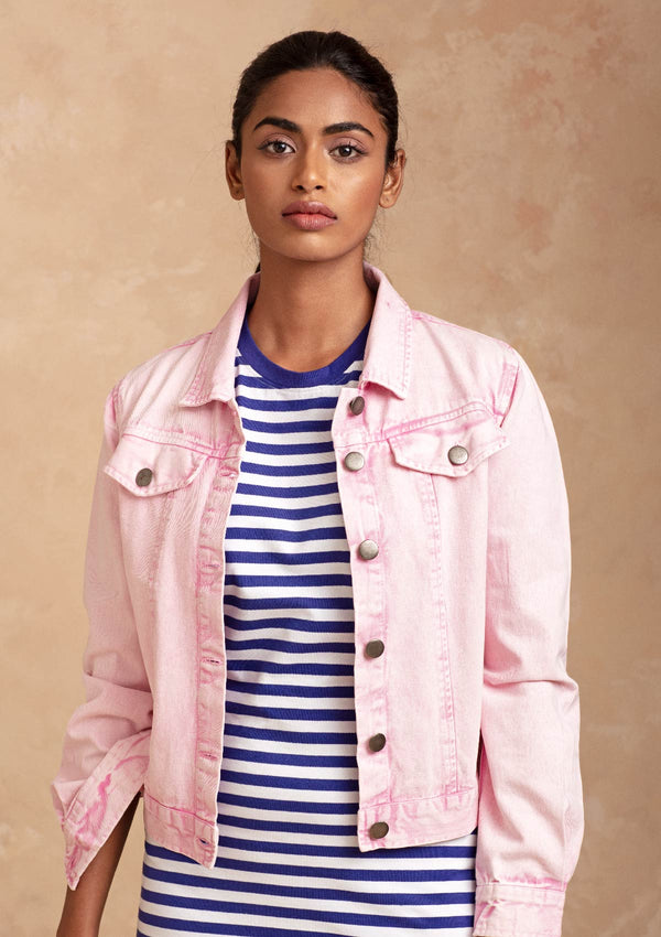 Hayley - Pink Denim Jacket with Blue Striped Dress