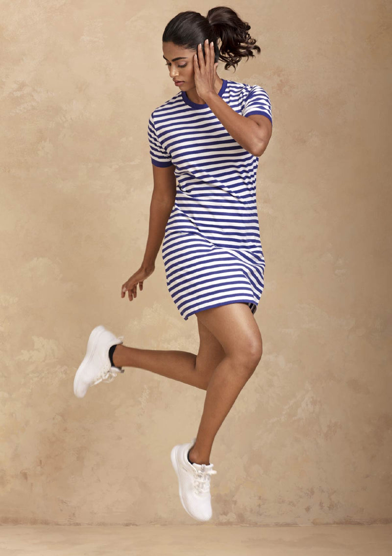 Hayley - Pink Denim Jacket with Blue Striped Dress