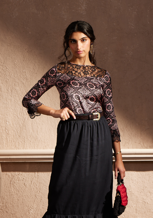 Jamila - Moroccan printed Lace accent blouse