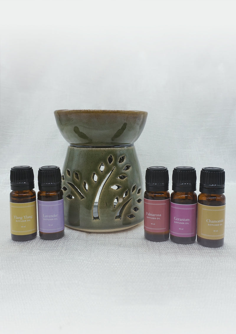 IshqME Calming Aroma Set: Olive Green Ceramic Diffuser & Relaxing Essential Oils