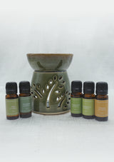 IshqME Earthy Aroma Kit: Olive Green Ceramic Diffuser & Essential Oils