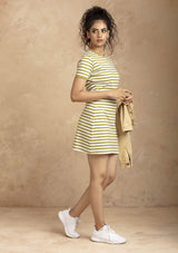 Lyra - Tan Denim Jacket with green striped T-shirt dress