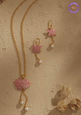 Gold Finish Silver Lotus Pendant Necklace with Earrings