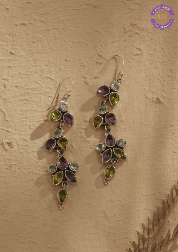 Silver Multi Stone Earring - Blue topaz, Peridot and Amethyst