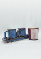 IshqME Idyllic Combo: Sapphire Blue Ceramic Two Cup & Tray Set and Cactus Bloom Candle