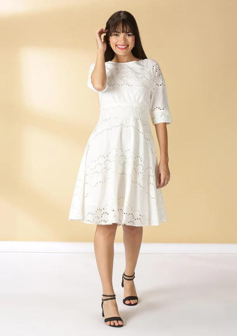 Astra - Charming White Schiffli Dress