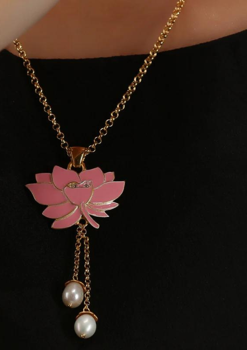 Gold Finish Silver Lotus Pendant Necklace with Earrings