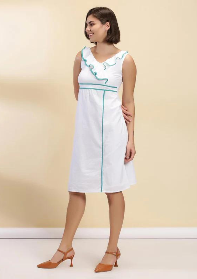 Ruffle Neck White Dress