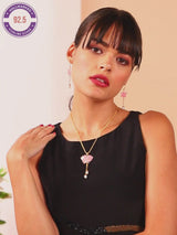 Gold Finish Silver Lotus Pendant Necklace with Earrings