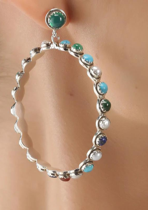Silver Hoop Earrings studded with natural gemstones