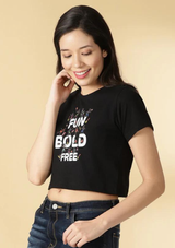 Graphic Print Crop Top, black printed crop top