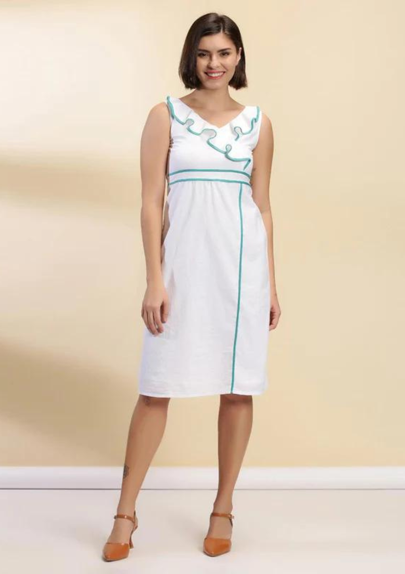 Ruffle Neck White Dress