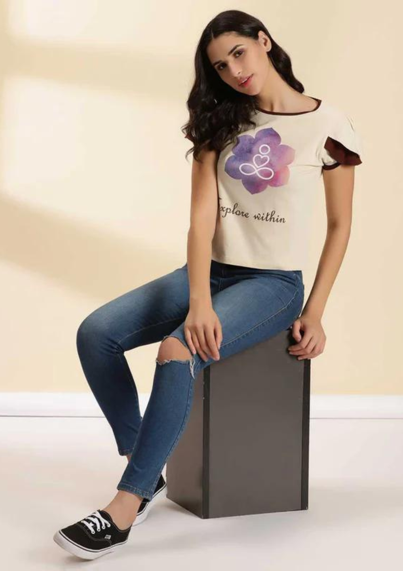 womens petal sleeve top, Printed Petal Sleeve T-shirt
