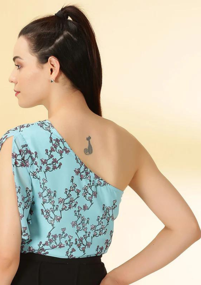 One Shoulder Floral Top with Black A- line Skirt