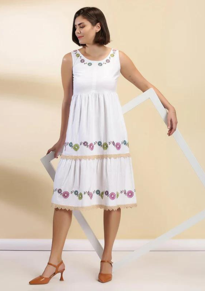 Cotton Embroidered Tiered Dress