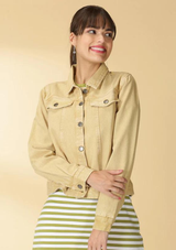 Lyra - Tan Denim Jacket with green striped T-shirt dress