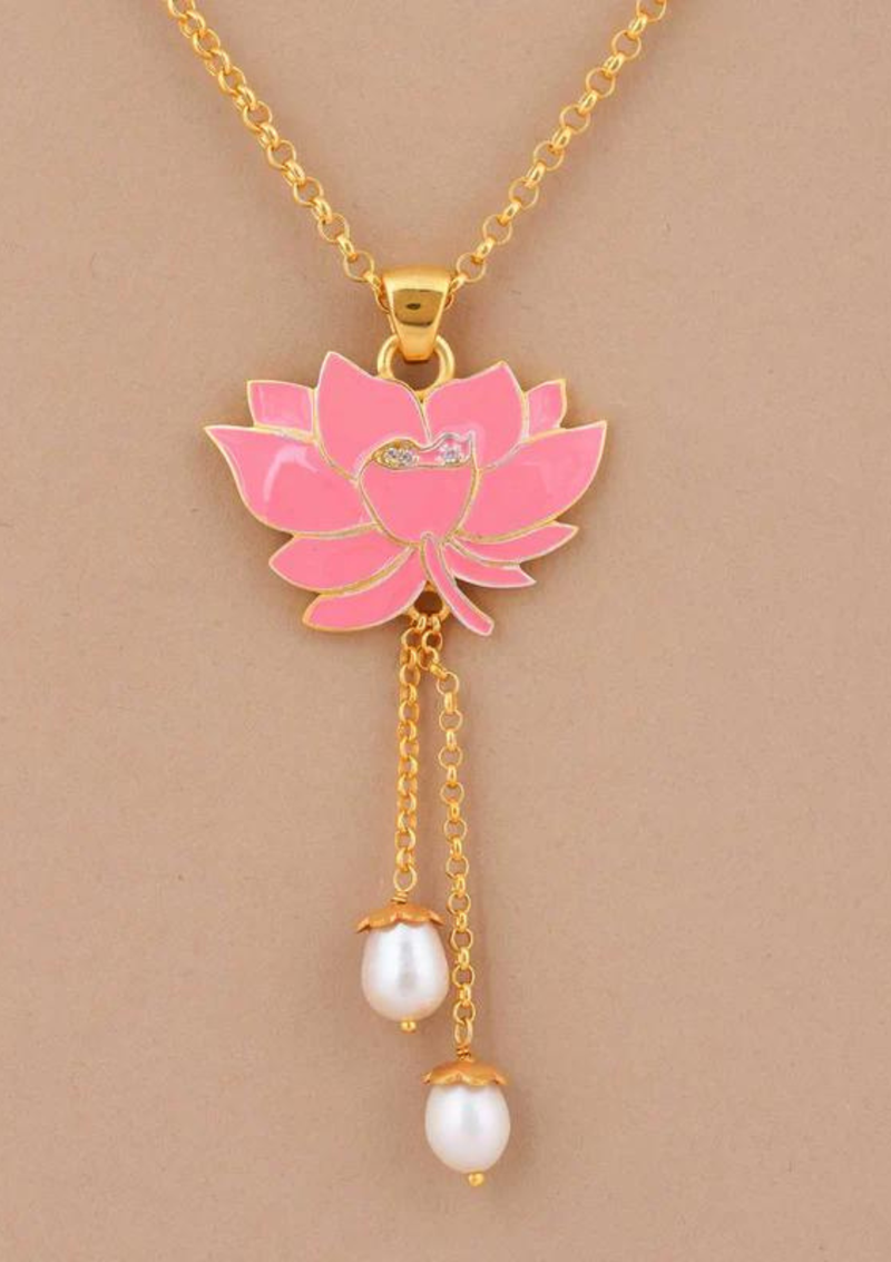Gold Finish Silver Lotus Pendant Necklace with Earrings