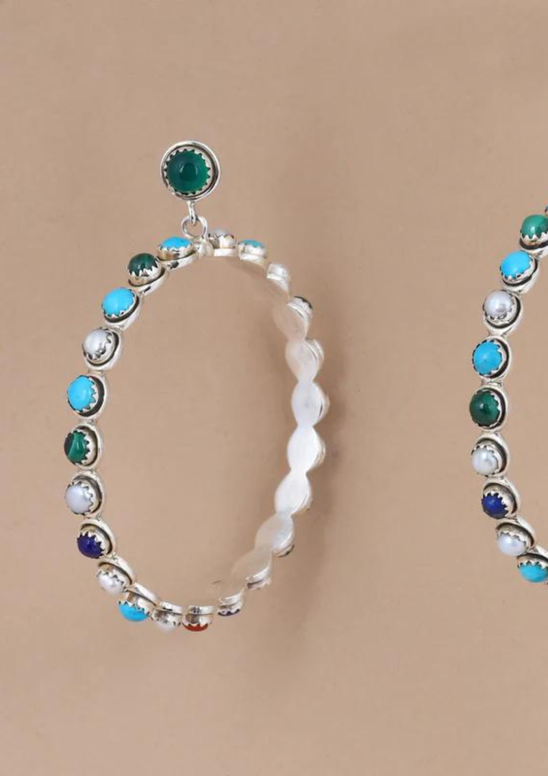 Silver Hoop Earrings studded with natural gemstones