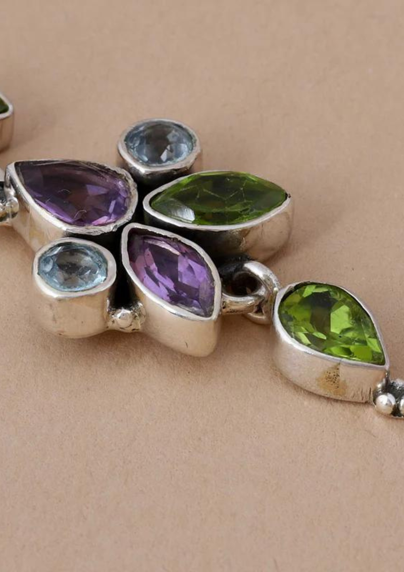 Silver Multi Stone Earring - Blue topaz, Peridot and Amethyst