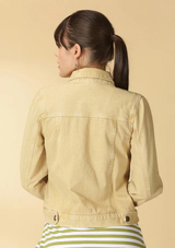Lyra - Tan Denim Jacket with green striped T-shirt dress