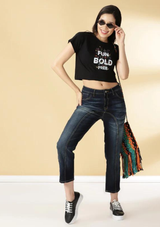 Graphic Print Crop Top, black printed crop top