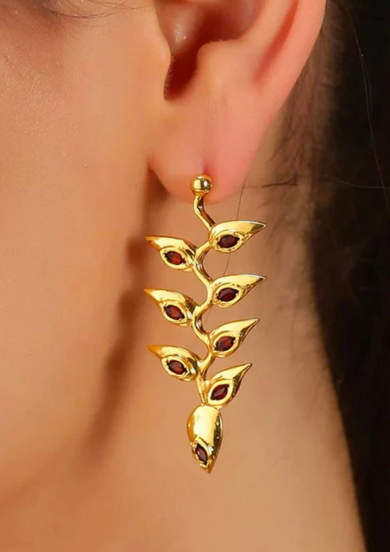 Hanging Heliconia Garnet Dangle Earring