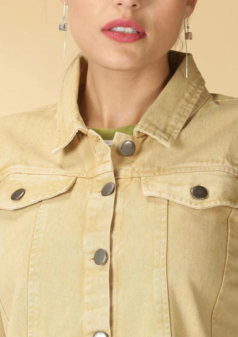Lyra - Tan Denim Jacket with green striped T-shirt dress