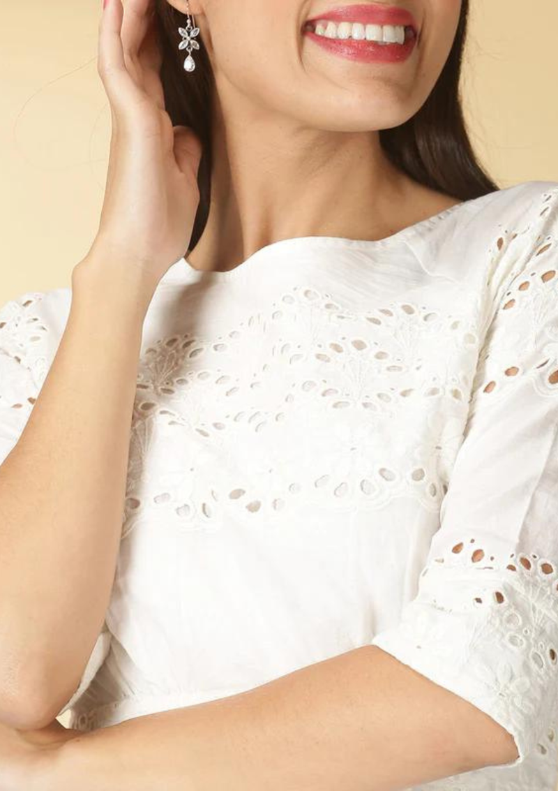Astra - Charming White Schiffli Dress