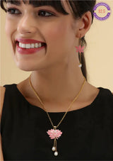 Gold Finish Silver Lotus Pendant Necklace with Earrings