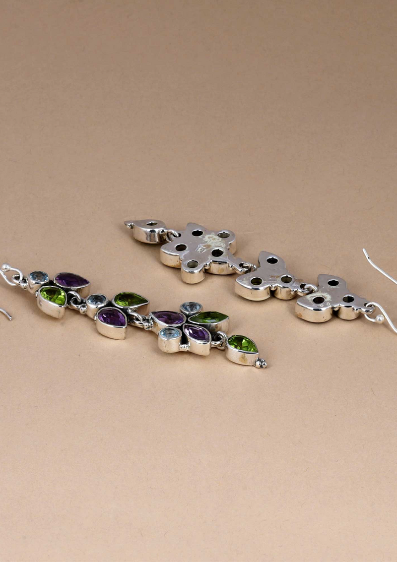 Silver Multi Stone Earring - Blue topaz, Peridot and Amethyst