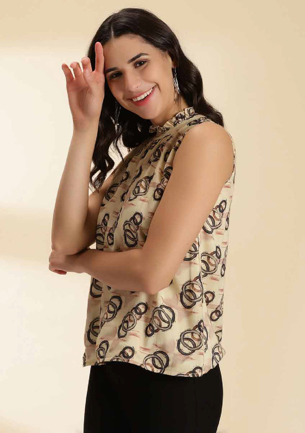 Ruffled Neckline Printed Top