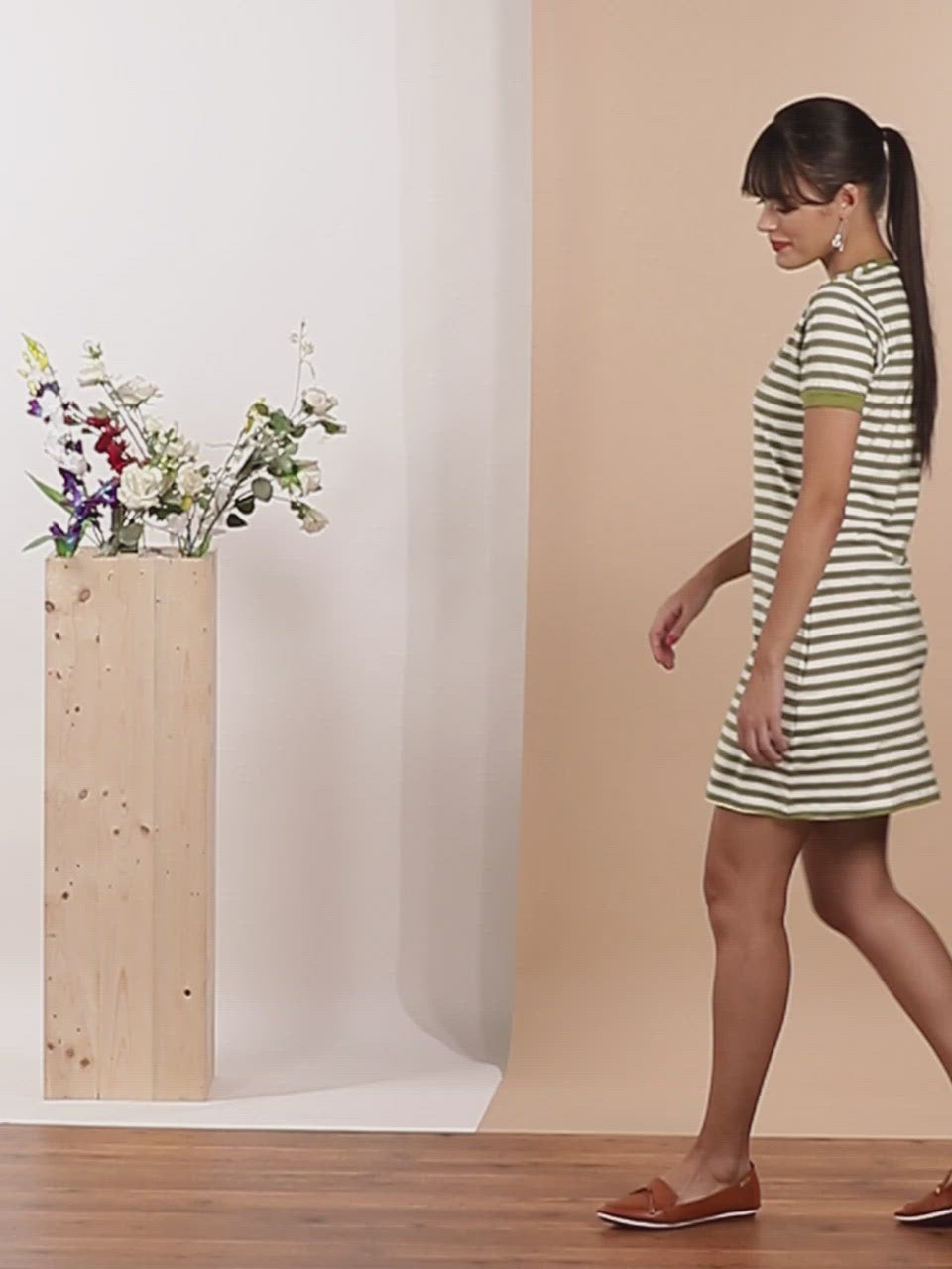 Lyra - Tan Denim Jacket with green striped T-shirt dress