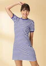 Hayley - Pink Denim Jacket with Blue Striped Dress