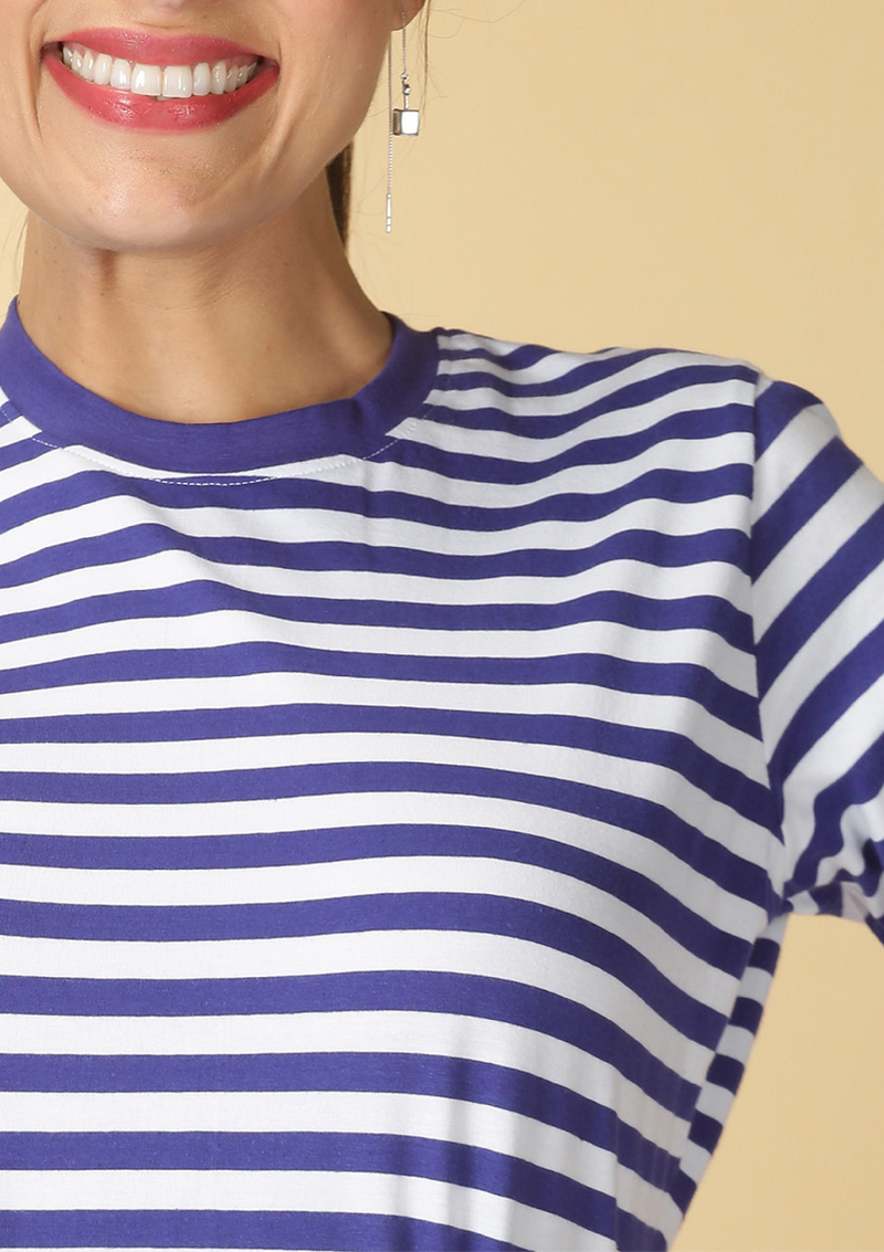 Hayley - Pink Denim Jacket with Blue Striped Dress