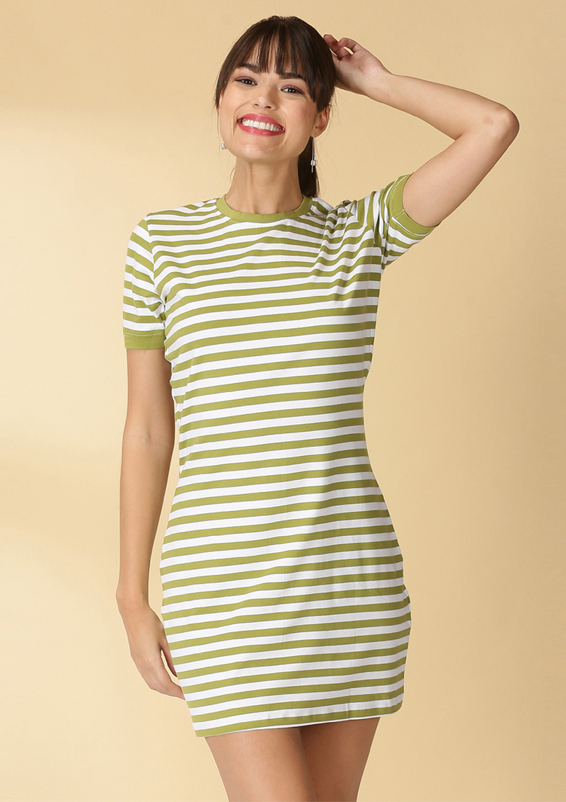 Lyra - Tan Denim Jacket with green striped T-shirt dress