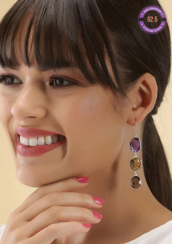 SILVER MULTICOLOUR STONE EARRINGS - AMETHYST, CITRINE AND SMOKEY TOPAZ