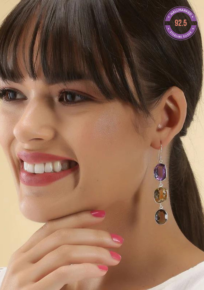SILVER MULTICOLOUR STONE EARRINGS - AMETHYST, CITRINE AND SMOKEY TOPAZ